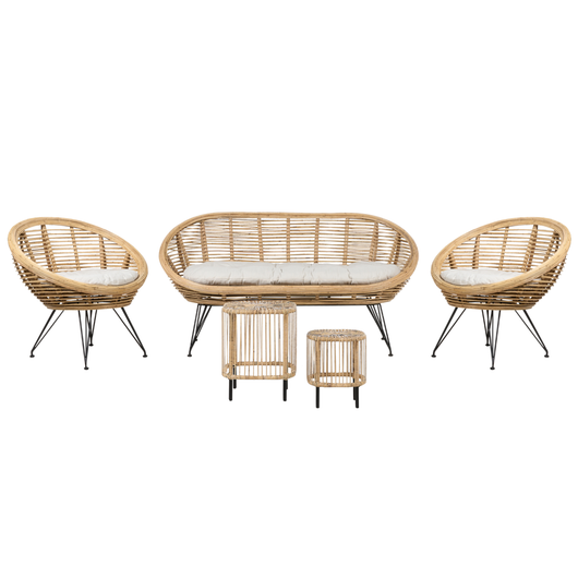 Set di divani a 4 posti in rattan naturale beige chiaro con cuscini in cotone con 2 tavolini per interni e per esterni stile bohémien giardino balcone.