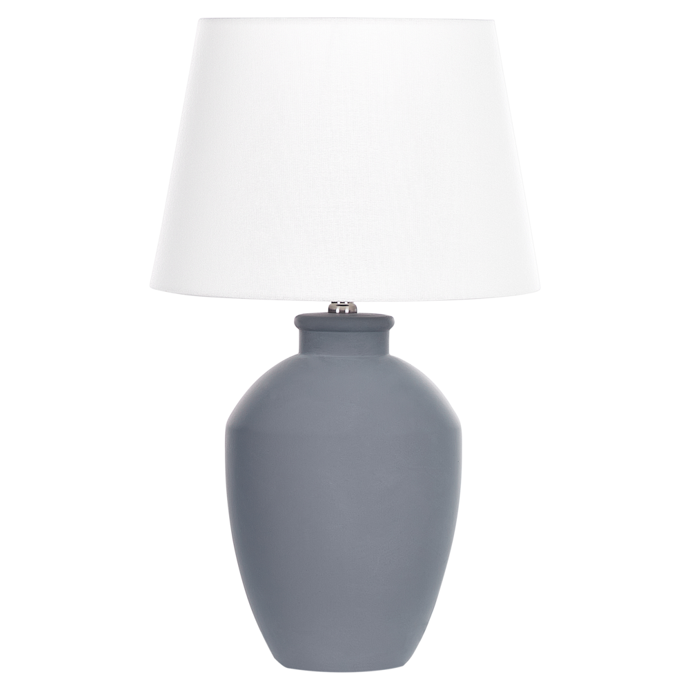 Lampada da tavolo in ceramica grigia con paralume in lino e base minimalista design stile contemporaneo