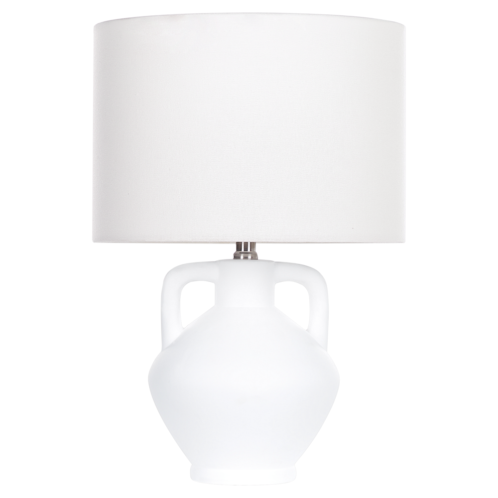 Lampada da tavolo in ceramica bianca con paralume a tamburo in lino base minimalista stile design contemporaneo