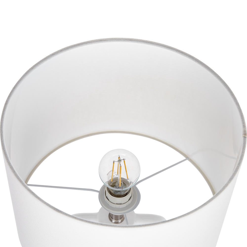 Lampada da tavolo in ceramica bianca con paralume a tamburo in lino base minimalista stile design contemporaneo