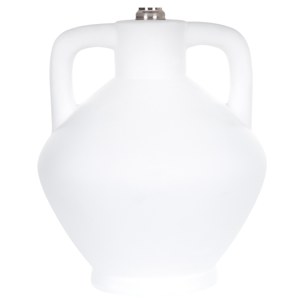 Lampada da tavolo in ceramica bianca con paralume a tamburo in lino base minimalista stile design contemporaneo