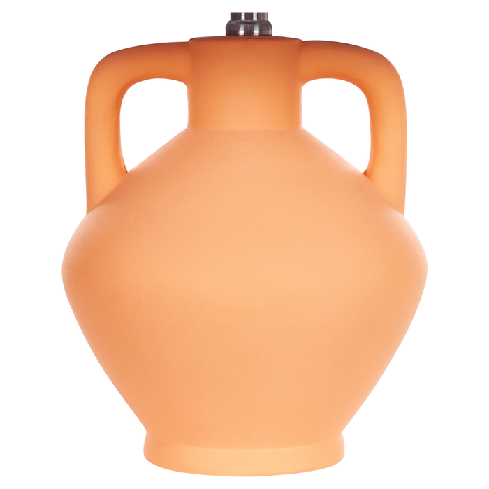 Lampada da tavolo in ceramica arancione con paralume a tamburo in lino base minimalista stile design contemporaneo