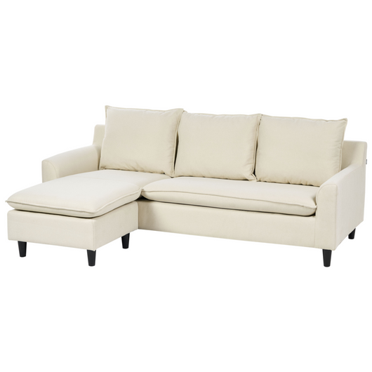 Divano Angolare destro Tessuto beige Imbottito Gambe Legno Scuro Chaise longue a 3 posti a versione destra Cuscino schienale