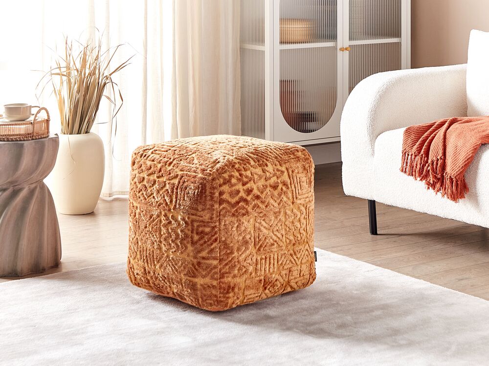 Pouf marrone dorato in poliestere e viscosa 50 x 50 x 50 cm con imbottitura in EPS Rivestimento spesso con motivo bohémien.