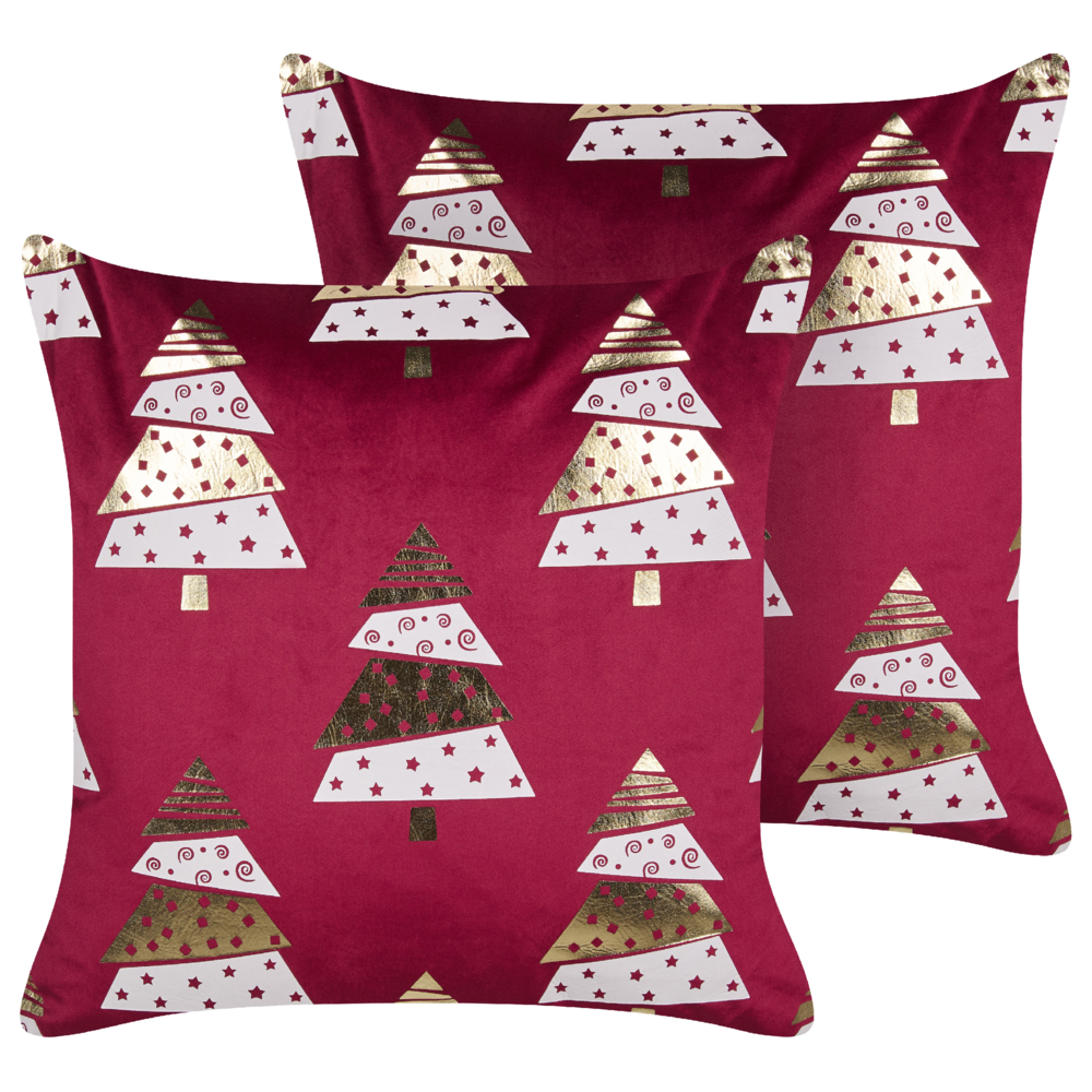 Set di 2 cuscini in velluto con stampa alberi di Natale rosso sfoderabili 45 x 45 cm soggiorno camera da letto
