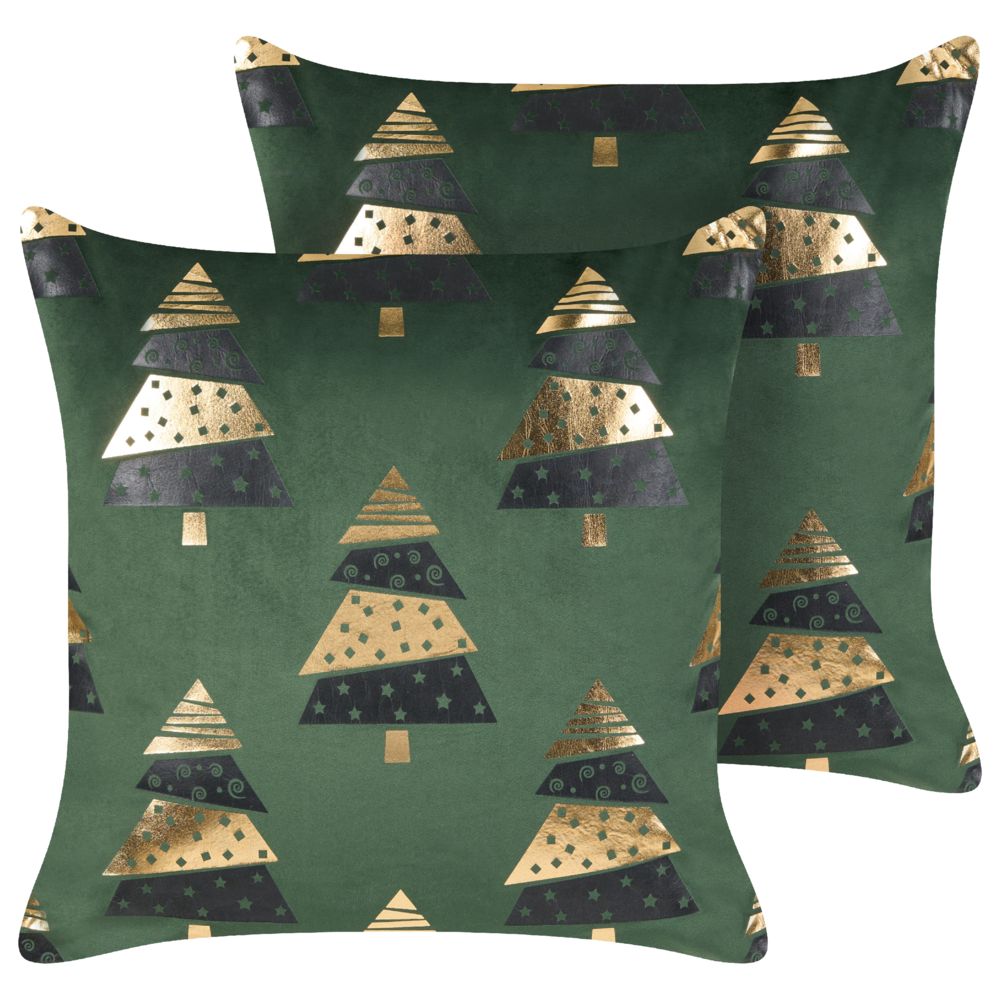 Set di 2 cuscini in velluto con stampa alberi di Natale verde sfoderabili 45 x 45 cm soggiorno camera da letto