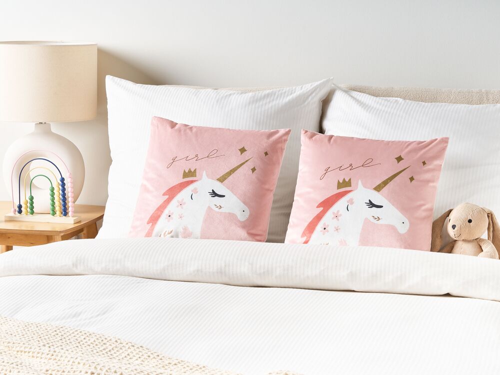 Set di 2 cuscini per bambini in tessuto di velluto rosa 45 x 45 cm Motivo unicorno sfoderabile Soggiorno Camera da letto