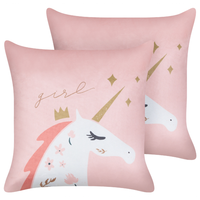 Set di 2 cuscini per bambini in tessuto di velluto rosa 45 x 45 cm Motivo unicorno sfoderabile Soggiorno Camera da letto