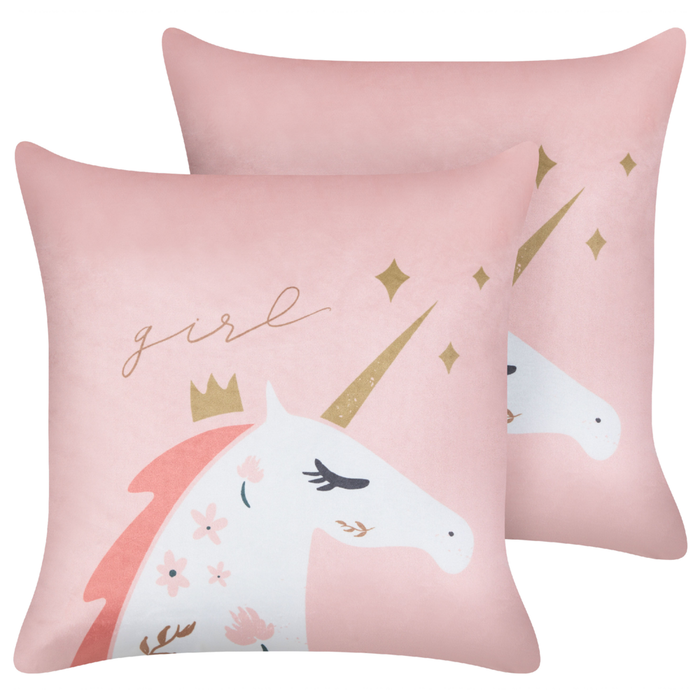 Set di 2 cuscini per bambini in tessuto di velluto rosa 45 x 45 cm Motivo unicorno sfoderabile Soggiorno Camera da letto