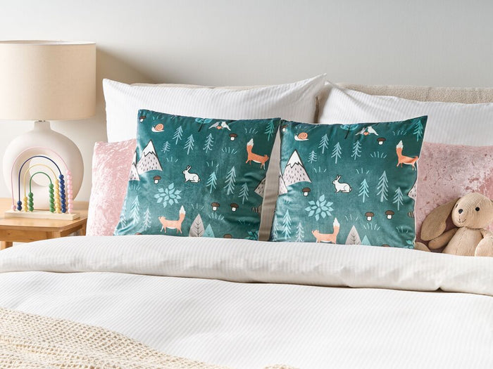 Set di 2 cuscini decorativi in velluto verde menta 45 x 45 cm per bambini con stampa di motivi animali forestali moderni per bambini Accessori decorativi