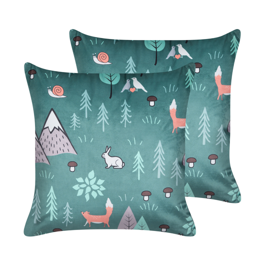Set di 2 cuscini decorativi in velluto verde menta 45 x 45 cm per bambini con stampa di motivi animali forestali moderni per bambini Accessori decorativi