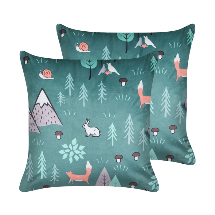 Set di 2 cuscini decorativi in velluto verde menta 45 x 45 cm per bambini con stampa di motivi animali forestali moderni per bambini Accessori decorativi