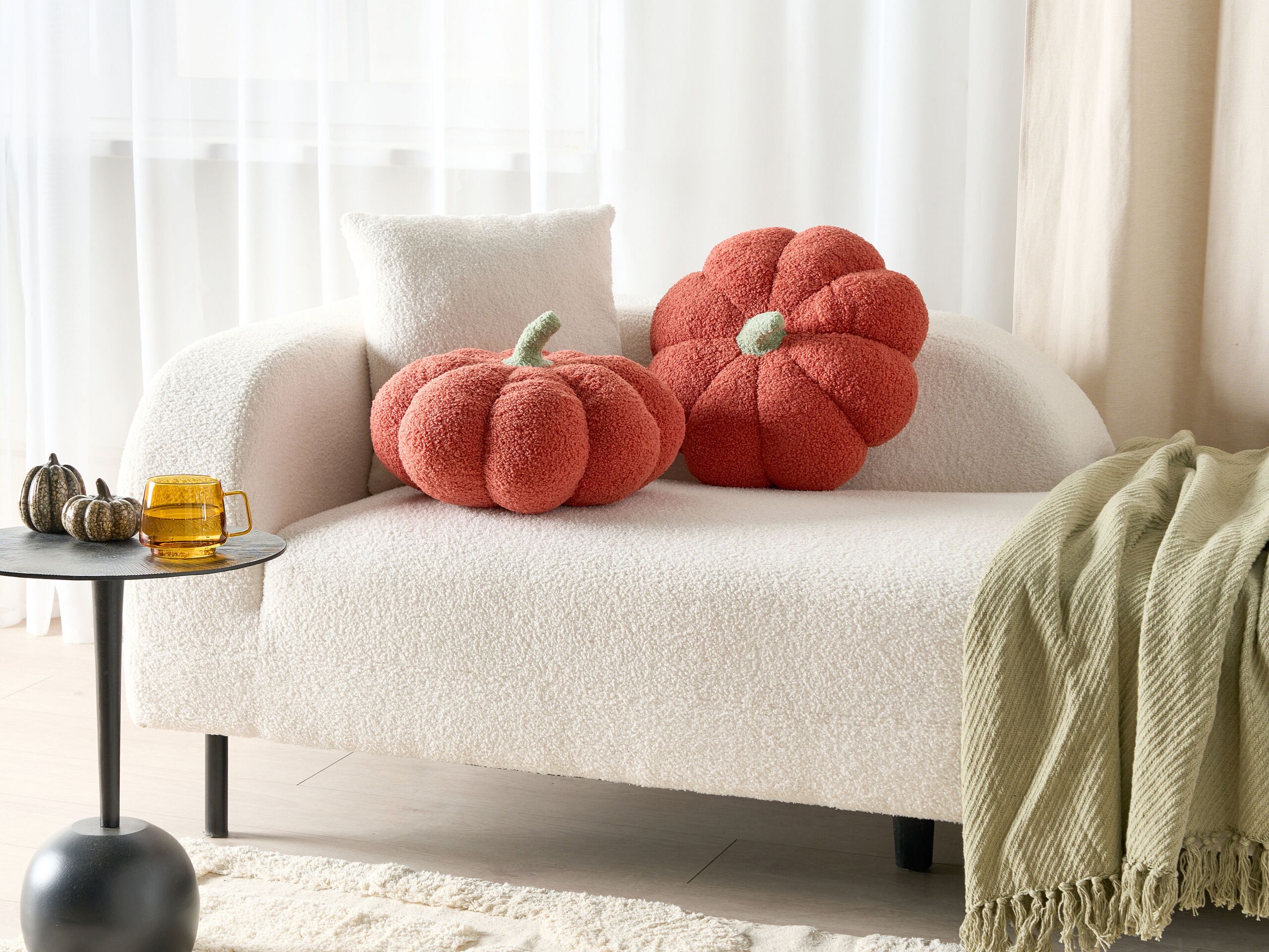 Set 2 cuscini di peluche a forma di zucca in tessuto bouclé arancione âŒ€ 35 cm decorazione accessorio di halloween