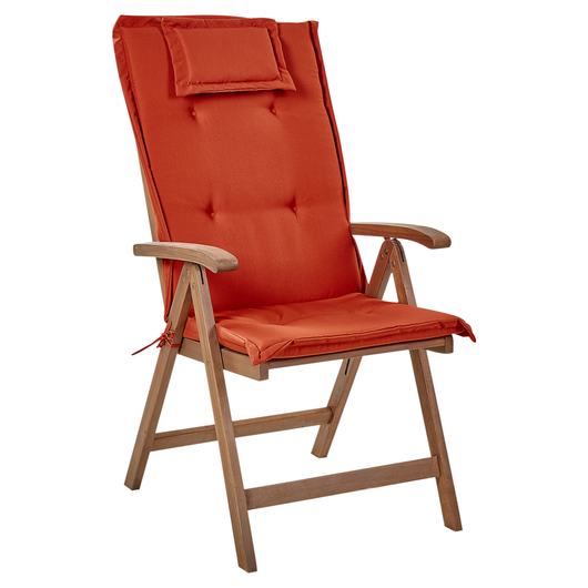 Set di 2 sedie da giardino in legno di acacia scuro naturale regolabili e pieghevoli per esterni con braccioli in stile rustico con cuscini rossi