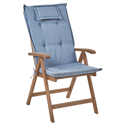 Set di 2 sedie da giardino in legno di acacia scuro naturale regolabili e pieghevoli per esterni con braccioli in stile rustico con cuscini blu