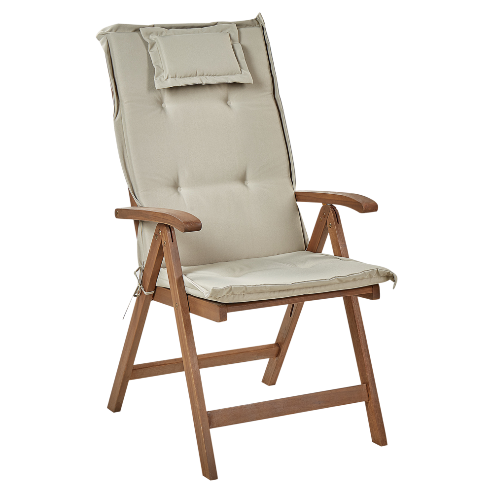 Set di 6 sedie da giardino in legno di acacia scuro naturale regolabili e pieghevoli per esterni con braccioli in stile rustico con cuscini grigio talpa