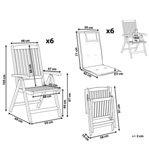 Set di 6 sedie da giardino in legno di acacia scuro naturale regolabili e pieghevoli per esterni con braccioli in stile rustico con cuscini grigio talpa