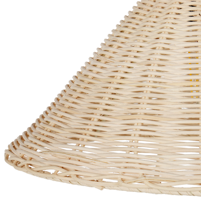 Lampada da terra con struttura in metallo nero e paralume in rattan naturale stile boho soggiorno salotto