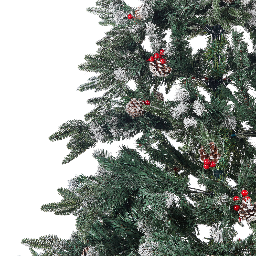 Albero di Natale con Neve Artificiale con Pigne e Bacche Rosse 210 cm stile tradizionale classico