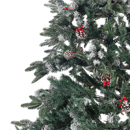 Albero di Natale con Neve Artificiale con Pigne e Bacche Rosse 210 cm stile tradizionale classico