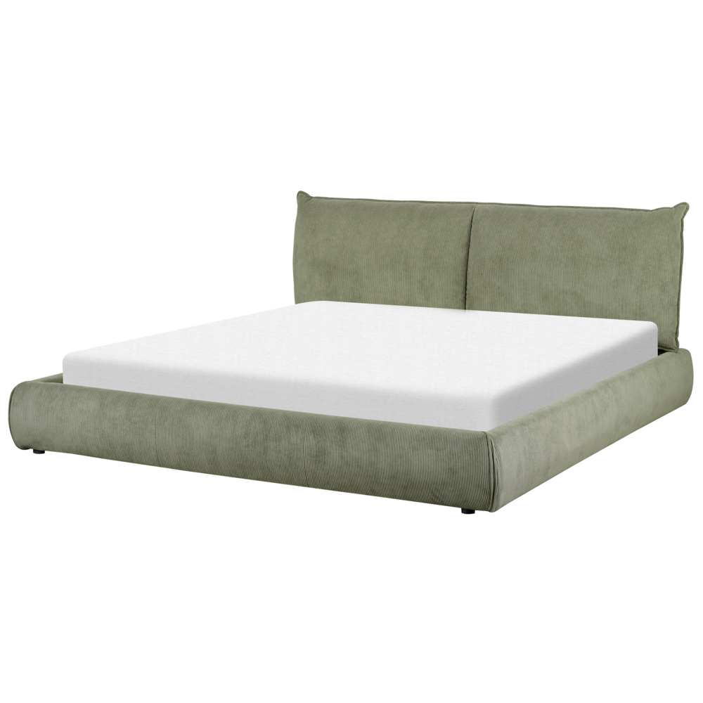 Letto matrimoniale imbottito in velluto a coste verde 180 x 200 cm con rete a doghe e spessa testata imbottita