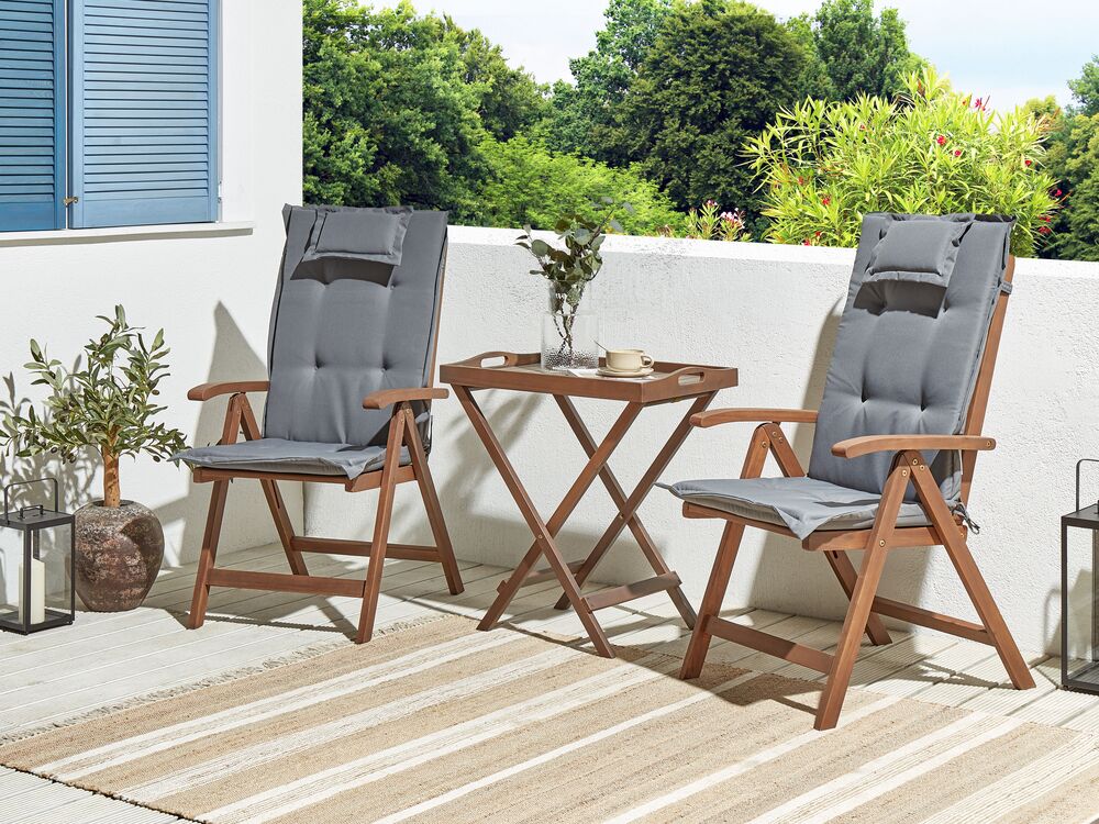 Set da balcone con 2 sedie da giardino regolabili in legno di acacia con schienale regolabile pieghevole e cuscini grigi in stile rustico