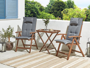 Set da balcone con 2 sedie da giardino regolabili in legno di acacia con schienale regolabile pieghevole e cuscini grigi in stile rustico