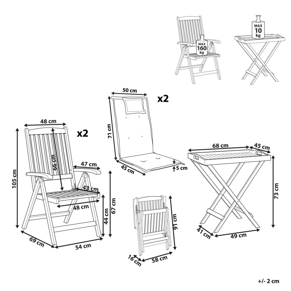 Set da balcone con 2 sedie da giardino regolabili in legno di acacia con schienale regolabile pieghevole e cuscini grigi in stile rustico