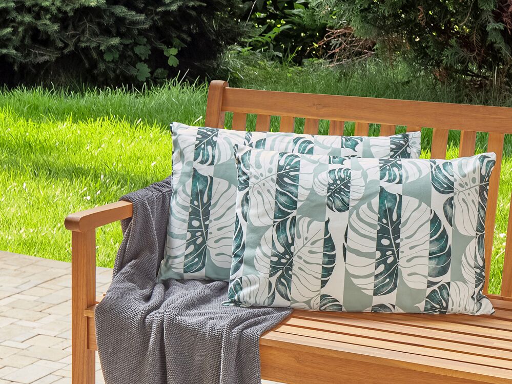 Set di 2 cuscini da giardino in tessuto di poliestere verde con motivo a strisce e foglie 40 x 60 cm esterni giardino elegante