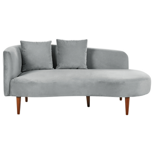 Chaise Lounge in velluto grigio chiaro lato sinistro gambe in legno scuro design moderno