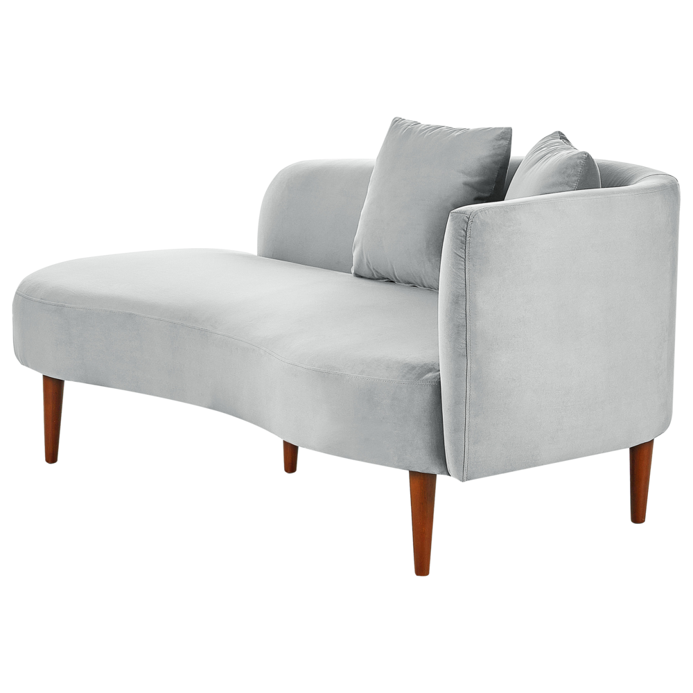 Chaise Lounge in velluto grigio chiaro lato destro gambe in legno scuro design moderno
