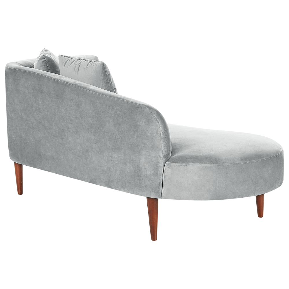 Chaise Lounge in velluto grigio chiaro lato destro gambe in legno scuro design moderno