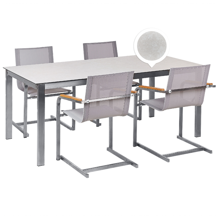 Set da giardino con 4 posti in acciaio inox con tavolo piano in vetro e Sedie in tessuto bianco esterno moderno