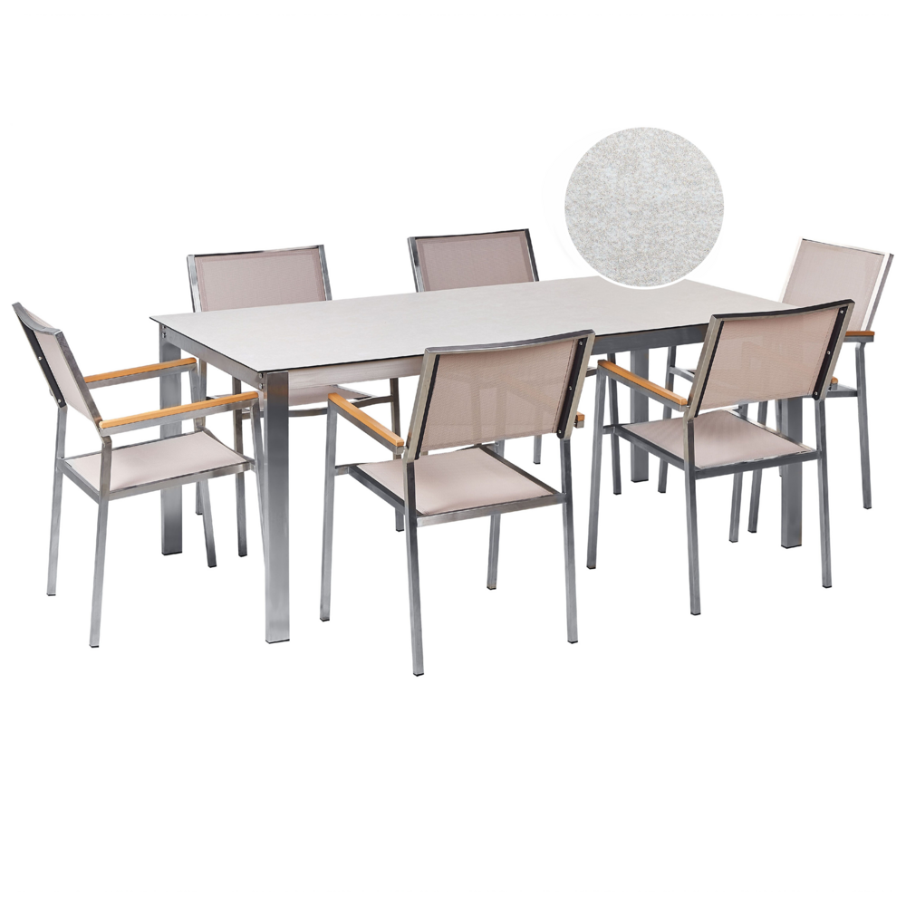 Set da pranzo da giardino con 6 posti in acciaio inox e vetro con sedie in tessuto bianco e beige esterno set moderno