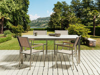Set da giardino con 4 posti in acciaio inox con tavolo piano in vetro bianco e Sedie in tessuto beige esterno moderno set elegante