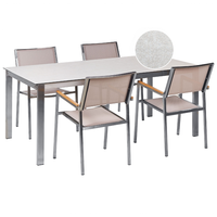 Set da giardino con 4 posti in acciaio inox con tavolo piano in vetro bianco e Sedie in tessuto beige esterno moderno set elegante