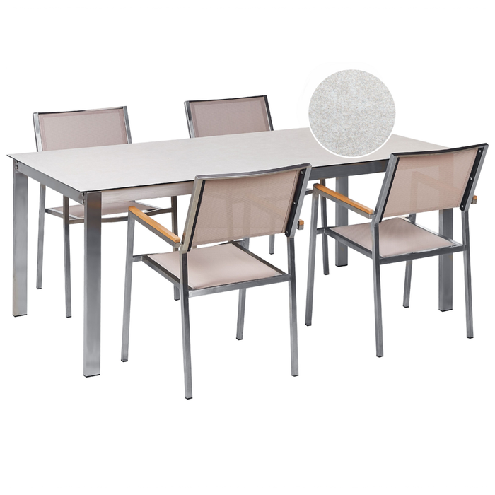 Set da giardino con 4 posti in acciaio inox con tavolo piano in vetro bianco e Sedie in tessuto beige esterno moderno set elegante