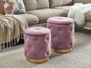 Set di pouf portaoggetti in velluto di poliestere rosa con rivestimento capitonnè base dorata design retrò