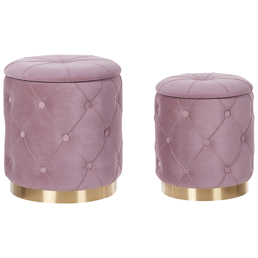 Set di pouf portaoggetti in velluto di poliestere rosa con rivestimento capitonnè base dorata design retrò