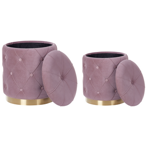 Set di pouf portaoggetti in velluto di poliestere rosa con rivestimento capitonnè base dorata design retrò