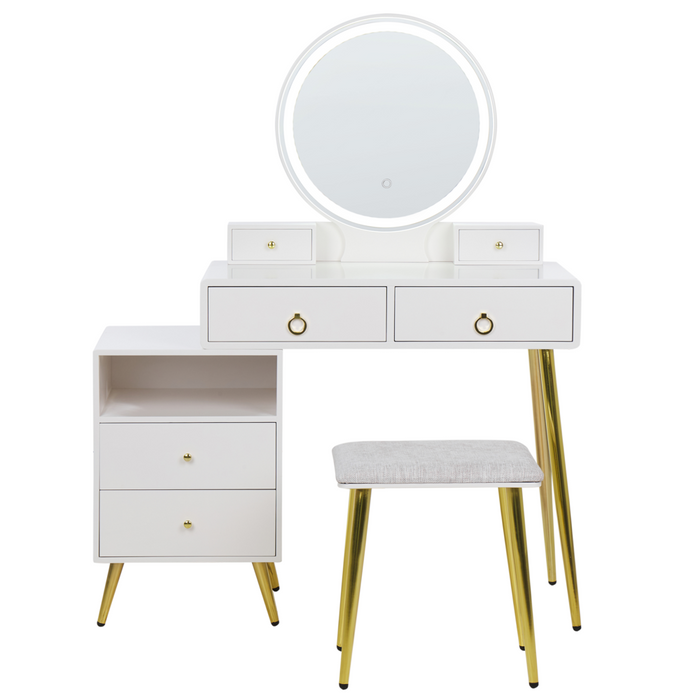 Toeletta con 6 cassetti specchio LED bianco e oro e sgabello camera da letto elegante