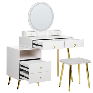 Toeletta con 6 cassetti specchio LED bianco e oro e sgabello camera da letto elegante