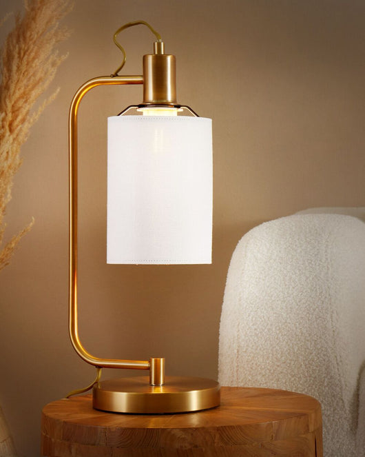 Lampada da tavolo moderna bianca con paralume in lino e base in metallo ramato look contemporaneo industriale