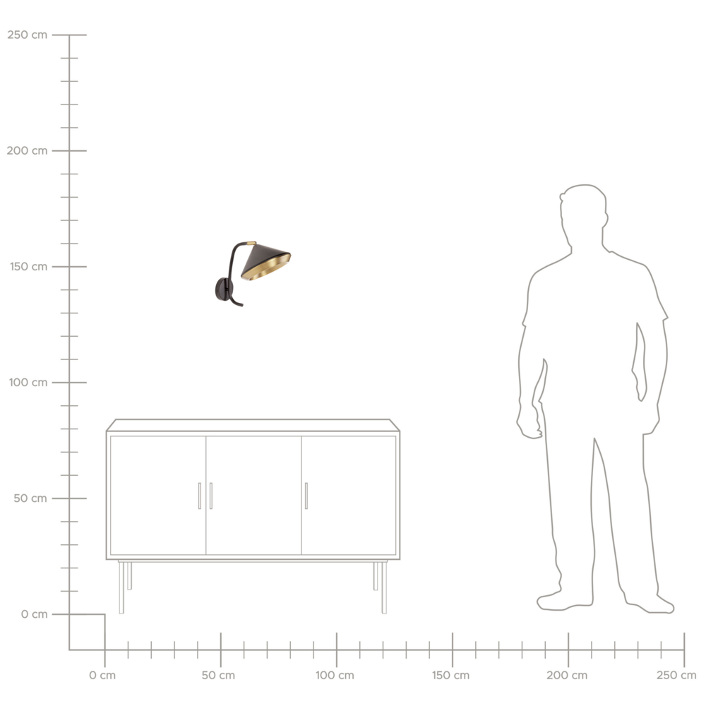 Lampada da parete in metallo ramato con paralume a cono nero stile industriale moderno glamour