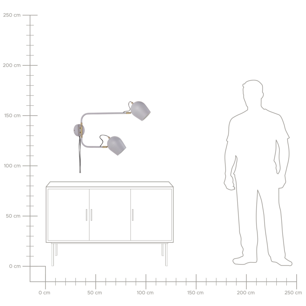 Lampada da parete moderna con 2 paralumi rotondi in metallo con bracci regolabili grigio chiaro look moderno glamour elegante