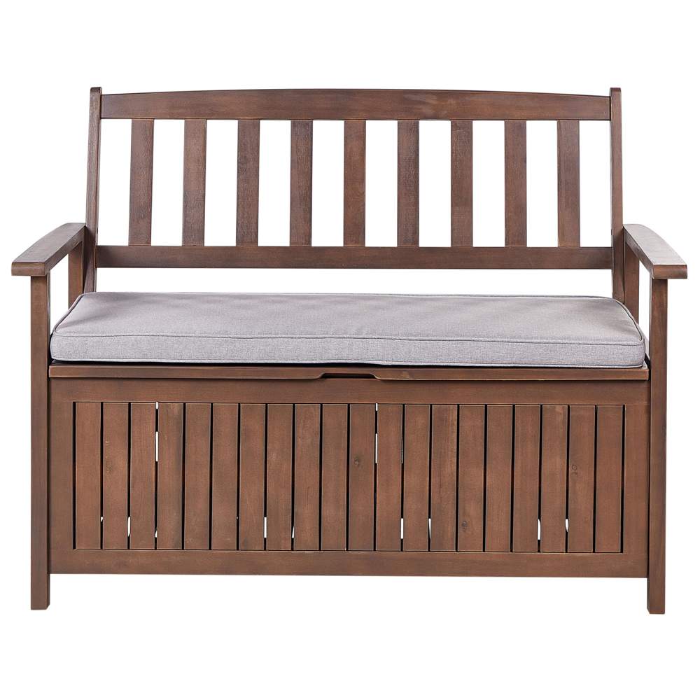Panca da Esterno con Contenitore in Legno Massello di Acacia 2 Posti 120 cm Colore Scuro e cuscino Grigio