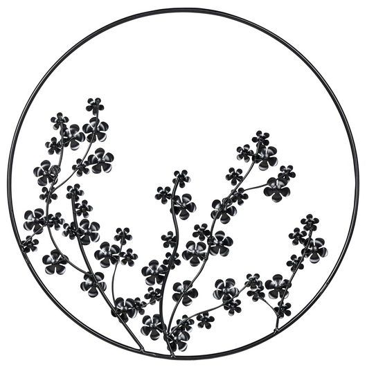 Moderna decorazione floreale in metallo nero con cornice rotonda ⌀ 70 cm arte moderna accessorio industriale