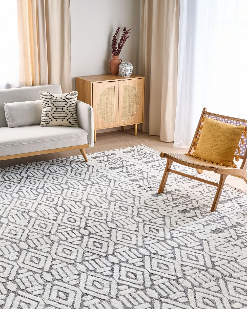 Tappeto decorativo in poliestere e cotone bianco e grigio 300 x 400 cm sala da pranzo camera da letto