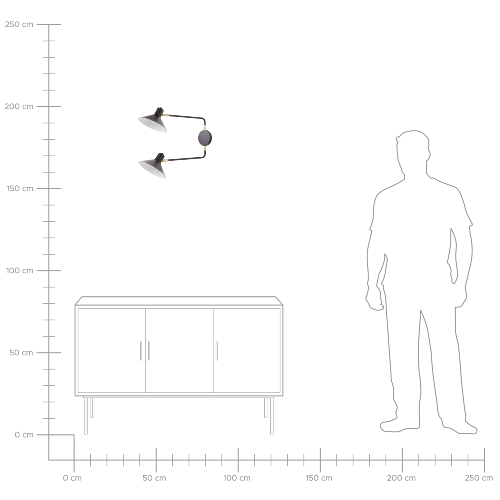 Lampada da parete in acciaio nero a 2 luci con paralumi a tamburo regolabili con elementi dorati Soggiorno moderno industriale Camera da letto