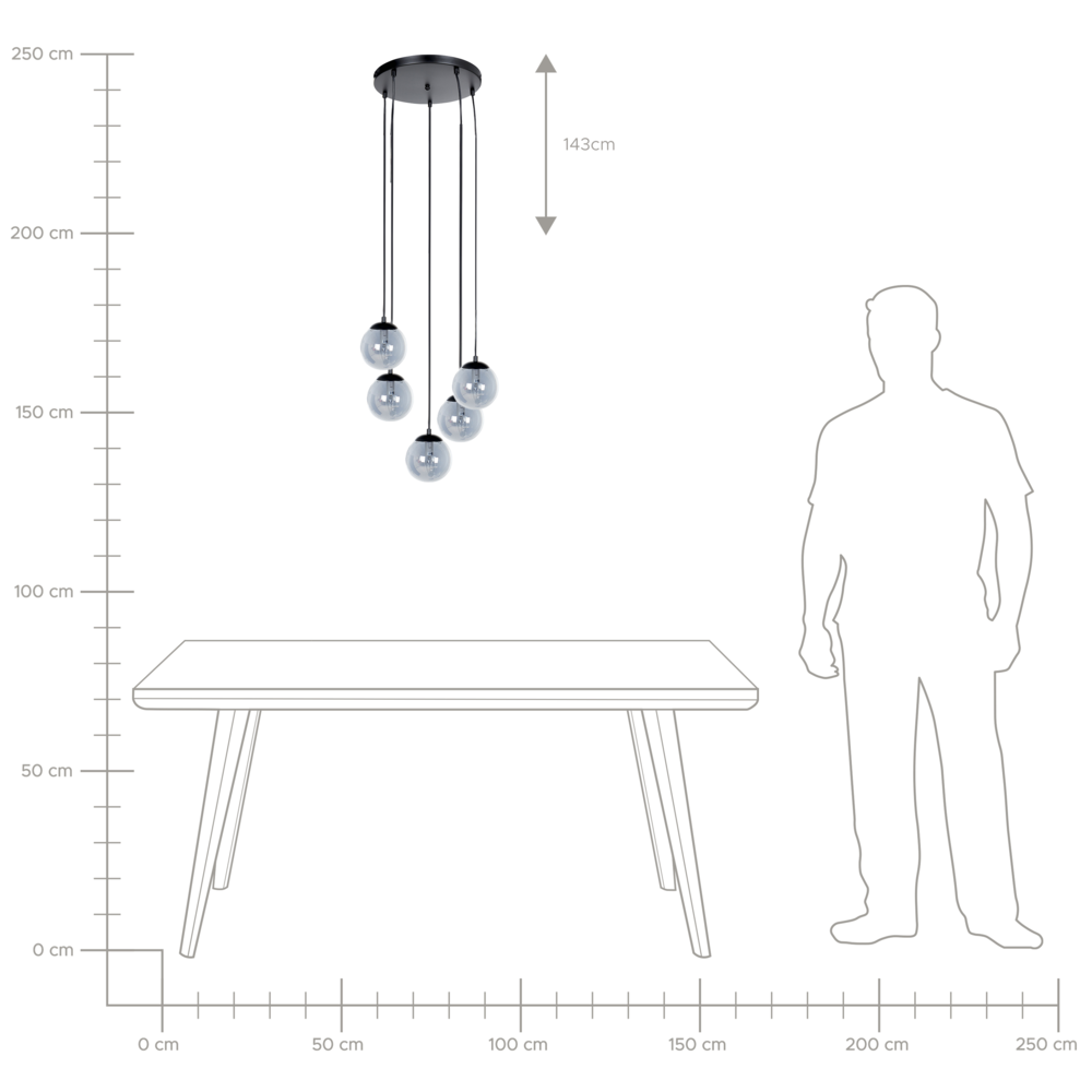 Lampada a sospensione Paralumi in vetro trasparente fumé Metallo acciaio 5 luci Base nera Design moderno Accessori per la casa Soggiorno